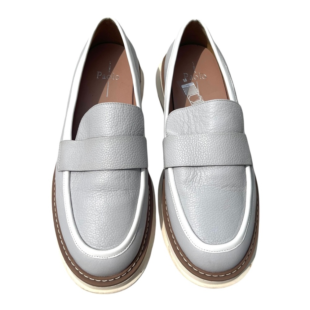 Linea Paolo Minka Gray White Chunky Thick Soles Preppy Leather Loafers Size 9 - Picture 2 of 14